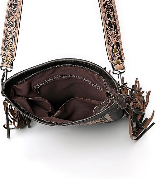 Merbaa Berlin hand-carved Fringed Shoulder Bag Natural Cowhide Hand Bag with Floral Hand Tooling - color: Brown