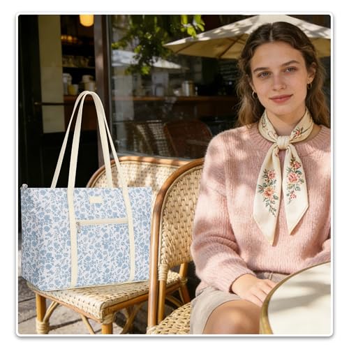 Laptop Tote Bag for Women 17 Inch, Teacher Work Bag with Compartments Business Laptop Bag With 15 Pockets Work Tote Bag - color: Blue Flower-1pcs