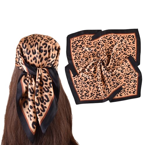 27.5 Inches Silk Head Scarf for Women Satin Hair Scarf Silk Wrap Neck Square Scarves Feeling Scarf Boho Headwear - color: Leopard Coffee