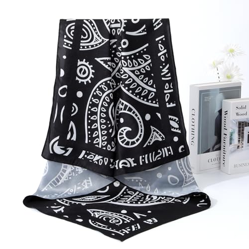AWAYTR 35” Silk Scarf for Women Large Head Scarf Square Hair Scarf Satin Hair Bandana Printed Silk Sleeping Head Wrap - color: Big Cashew(black)