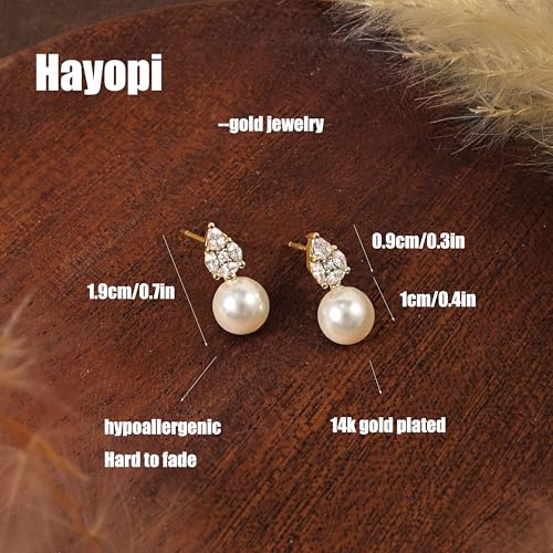 Hayopi Pearl Earrings for Women - Dainty Gold Dangle Drop Earrings, 14k Gold Plated Cute Bow Design, Hypoallergenic Pearl Studs, Wedding Jewelry Gifts - color: GOLD-Sharp CZ earrings