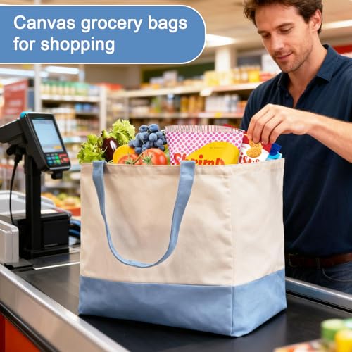 Reusable Grocery Bags Heavy Duty, 8.3 gal Foldable Large Canvas Tote Bag with Handles, Holds 60 lbs Canvas Shopping Bags, 3 Pack（Off White+Light Blue） - color: [A1] Off White / Light Blue, size: 3 Pack