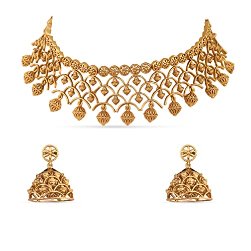 TARINIKA Brass Indian Choker Necklace Set - Gold Plated Cubic Zirconia Indian Jewelry Sets for Women Dangle, Drop, Jhumka Earrings Traditional Desi Necklace Pearls Gift for her - style: Classic