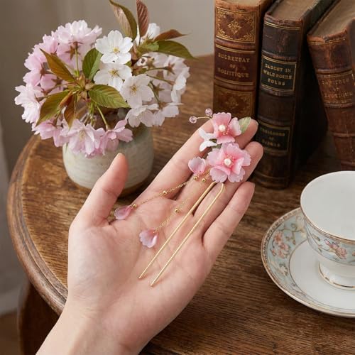 Chinese Dangling Hair Sticks Pink Flower Hairpin with Tassel Ancient Peach Blossom Hanfu Style Hair Fork Retro Flower HairClip Resin Handmade Bridal Pins Ornaments Stick for Women Girls