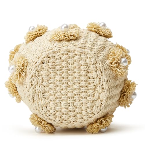 Summer Straw Bag for Women Pearl Flower Bucket Tote Bag Diamond Handbag Hand Woven Rattan Shell Purse Drawstring - color: B-beige