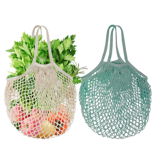 2-Pack Reusable Mesh Grocery Bags, 100% Cotton String, Long Handle Produce Bags, Fruit & Veggie Storage - color: Beige+blue-gray