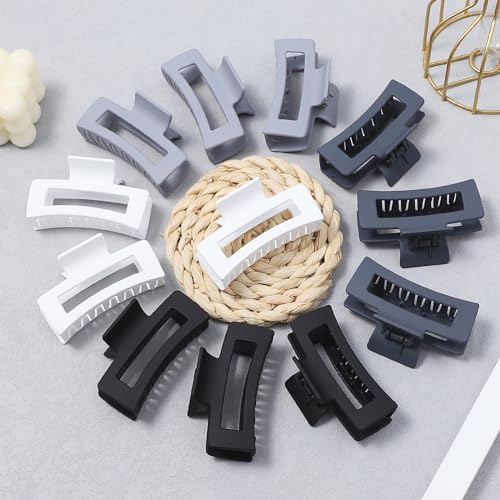 12 Pcs Medium Hair Clips for Women, 3.5 Inch Square Claw Clips, Colorful Hair Claw Clips for Thick and Thin Hair, Bulk Hair Accessories for Women and Girls- Grey - color: Grey
