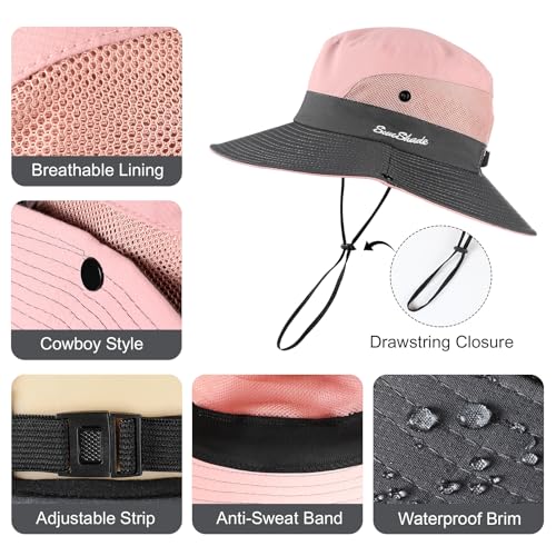 Womens Sun Hat - Sun Hats for Women with Ponytail Hole, Foldable Wide Brim Cooling Mesh Beach Fishing Hat for Outdoor - color: Pink & Grey