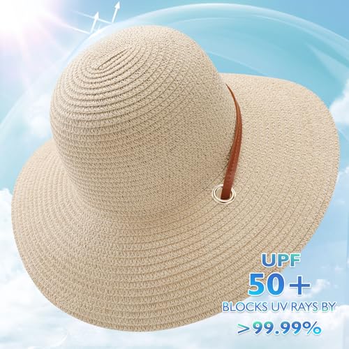 Womens Beach Sun Straw Hat, Wide Brim Sun Hat Travel Foldable Summer Wind Lanyard UPF 50+ - color: Beige