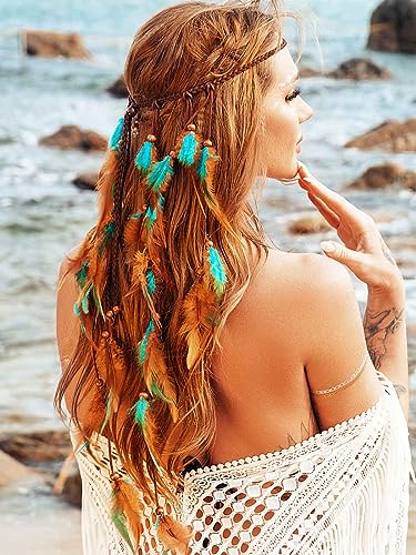 GORTIN Boho Feather Headband Gypsy Costume Headdress Black Bohemian Hippie Headbands Indian Festival Hair Band Adjust Long Feather Headpiece Hair Accessory for Women and Girls (Blue+Brown) - color: Blue+Brown