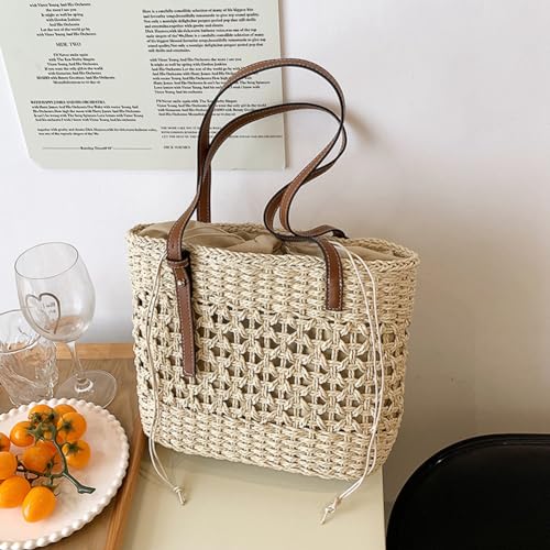 Stylish Boho Straw Tote Bag Hand-woven Purse Beach Handbag Summer Shoulder Bag With Adjustable Strap - color: Ivory