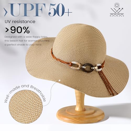 Beach Sun Straw Hats for Women, UPF 50+ UV Sun Protection Wide Brim Summer Straw Hat Foldable Packable Roll up Cap - color: Buckle - Khaki & Beige