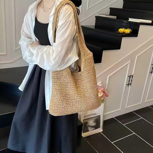 Hand-woven Soft Large Straw Shoulder Bag Boho Straw Handle Tote Retro Summer Beach Bag Rattan Handbag - color: Beige,khaki