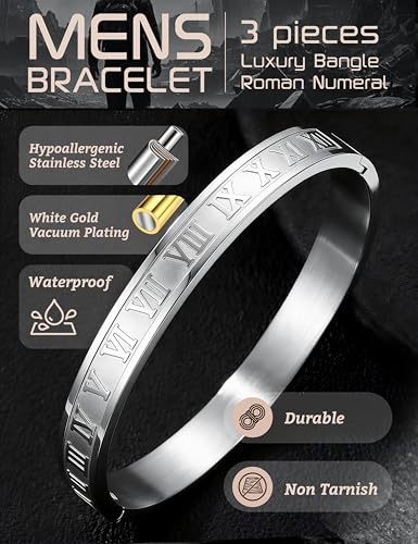 YADOCA 3 Pcs Stainless Steel Bracelets for Men Gold Silver Black Men Bracelet Adjustable Cuff Roman Numeral Bangle Bracelets Mens Luxury Bracelet Set Jewelry Gifts Trendy Gold Accessories - color: B:Silver-1