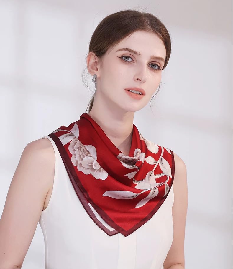 ANDANTINO 100% Mulberry Silk Square Scarf for Hair-25.6" X25.6'' Women Men Natural Silk Neckerchief Digital Printed Headscarf - color: Floral-burgundy