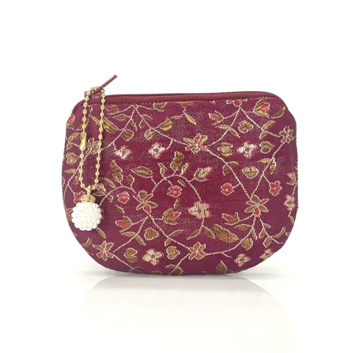 Handmade Women Coin Purse Rosary Pouch Silk Jewelry Bag Brocade Zipper Wallet - Maroon - color: Maroon