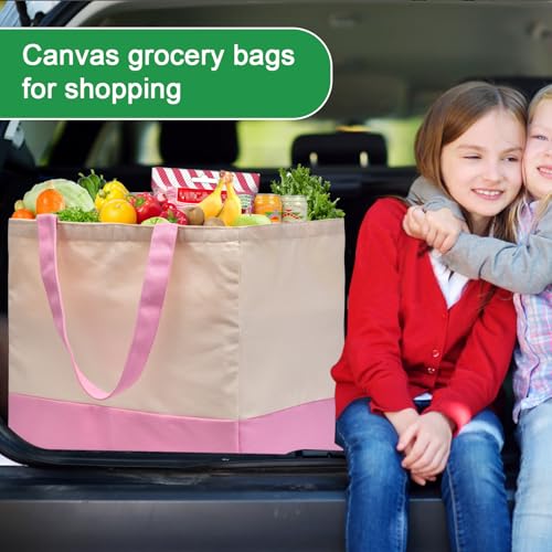 Canvas Reusable Grocery Bags Heavy Duty, 8.3 gal Foldable Large Tote Bag with Handles, Holds 60 lbs Canvas Shopping Bags, 1 Pack - color: [A1] Off White / Pink, size: 1 Pack