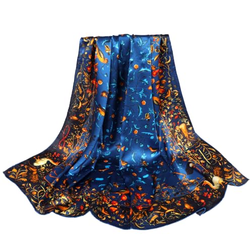 100% Pure Mulberry Silk Scarf 43”*43” Large Square Lightweight Headscarf Women’s Hair Wraps Shawls with Gift Packed - color: Blue Flower Bird
