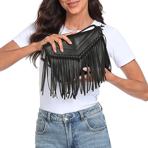 HDE Women's PU Leather Hobo Fringe Crossbody Tassel Purse Vintage Small Flap Envelope Handbag Western Sling Shoulder Bag - color: Black