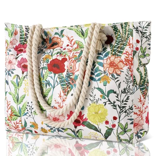 Clothirily Beach Bag for Women - Large Beach Tote Bag, Waterproof Sandproof Beach Bag with Zipper, Large Swim Pool Beach Tote - color: Flowers