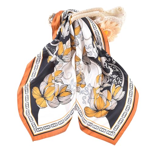 27.5 Inches Silk Head Scarf for Women Satin Hair Scarf Silk Wrap Neck Square Scarves Feeling Scarf Boho Headwear - color: Black and White Flower