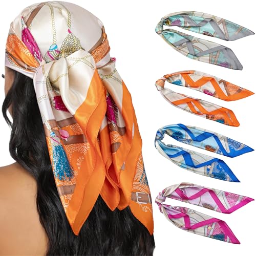 HBselect 4PCS Head Scarf for Women 35” Head Scarves Silk Like Satin Neck Scarfs Square Bandana Hair Wraps Scarf for Sleeping - color: Grey Blue, Orange, Blue, Rose Pink