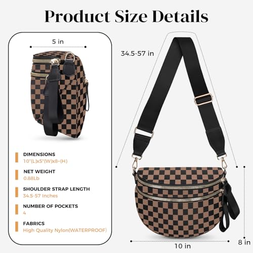 Spacious Nylon Checkered Crossbody Bum Bag for Women, Fashion Checkerboard Fanny Pack Purse with Anti-theft Pocket, Adjustable Wider Strap Wasit Bag (Black-Brown) - color: Black-Brown