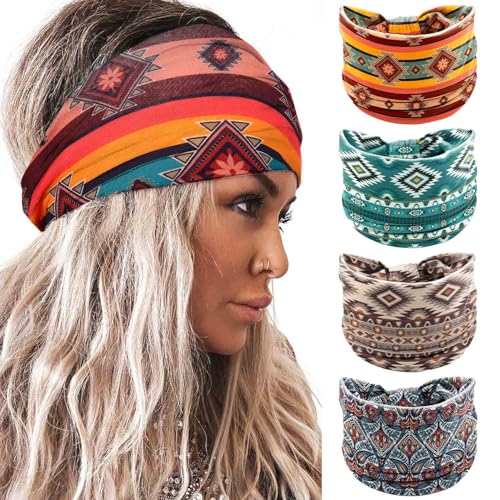 Acenail Wide Headbands Floral Turban Boho Headband Knotted Elastic Non Slip Hairbands Bohemian Vintage Printed Head Wraps Workout Yoga Hair Scarfs Fashion Hair Accessories for Women 4Pcs (Print) - color: Print