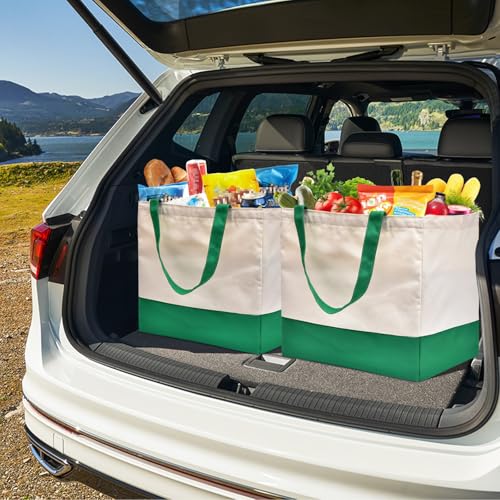 Canvas Reusable Grocery Bags Heavy Duty, 8.3 gal Foldable Large Canvas Tote Bag with Handles, Holds 60 lbs Shopping Bags, 3 Pack - color: [A1] Off White / Green, size: 3 Pack