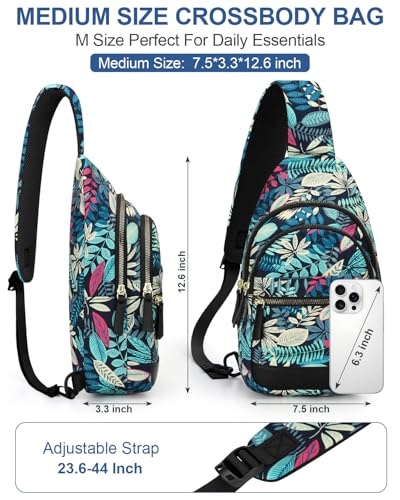 Capolo Sling Bag for Women Men Waterproof Crossbody Bags for Women Trendy Casual Fanny Pack with Convertible Shoulder Strap Chest Bag for Travel Hiking(Blue Leaves, Medium) - color: Blue Leaves, size: Medium