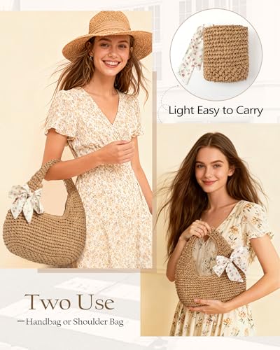 fauson Beach Bags for Women - Handmade Straw Clutch Purses for Women Handbag Zip Closure Tote Bag Lightweight - color: Handbag Brown Bag