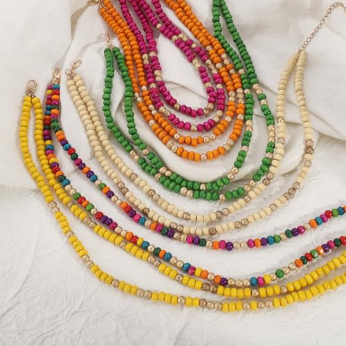 COLORFUL BLING Layered Boho Wood Beaded Choker Necklace Vintage Natural Wooden Bead Collar Necklace for Women Handmade Tribal Bohemian Jewelry - color: Green