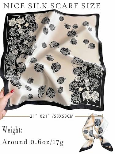 100% Mulberry Silk Scarf for Women Hair Lightweight Square Neckerchief Wrap For Head Scarves 21" - color: 21-black and White Flower Frame /21"*21"