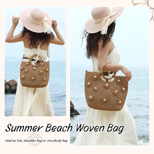 Beach Bags for Women, Summer Beach Woven Bag, Flower Pearls Straw Tote Bag for Summer Vacation - color: Khaki