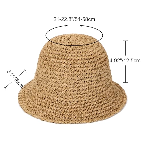 Rulala Fancy Womens Sun Hat Handmade Straw Bucket UV Protection Wide Brim Packable Travel Summer Cap for Beach UPF 50+ - color: Khaki