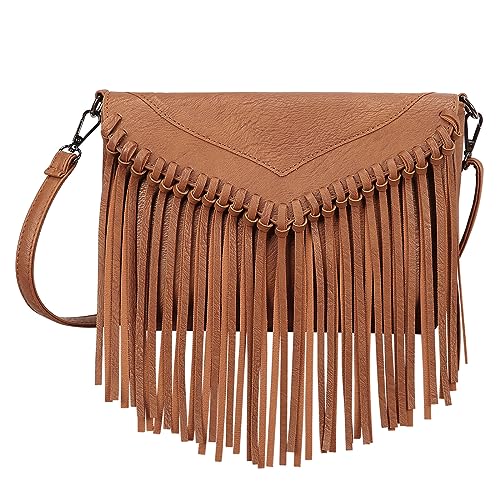 HDE Women's PU Leather Hobo Fringe Crossbody Tassel Purse Vintage Small Flap Envelope Handbag Western Sling Shoulder Bag - color: Caramel Brown