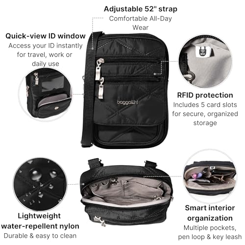 Baggallini Journey Crossbody Bags for Women 9x6 Small Lightweight Travel Handbag W/RFID - color: Black Quilt
