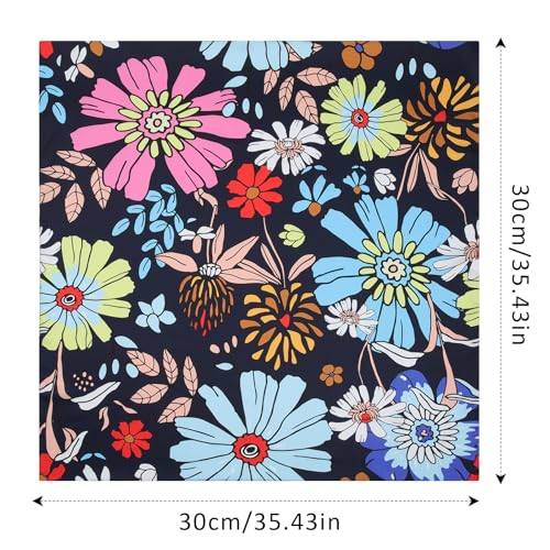 AWAYTR 35” Silk Scarf for Women Large Head Scarf Square Hair Scarf Satin Hair Bandana Printed Silk Sleeping Head Wrap - color: Cartoon Flower(black)
