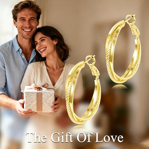 14K Gold Texture Earrings, 37/42mm Gold Hoop Earrings Classic Round Hoop Earring for Women Gold Jewelry Gift for Women - style: Triple Earrings-36mm