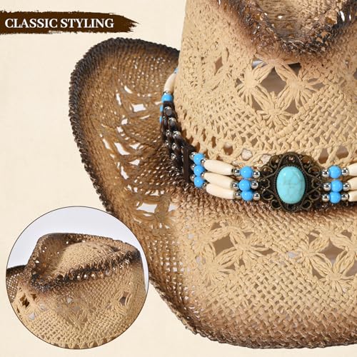 Straw Cowboy Hat for Men Womens Straw Cowgirl Hat Summer Western Cowboy Hats with Wide Brim for Cowgirls and Cowboys - color: Beige 3#