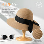 Beach Sun Straw Hats for Women, UPF 50+ UV Sun Protection Wide Brim Summer Straw Hat Foldable Packable Roll up Cap - color: C Khaki