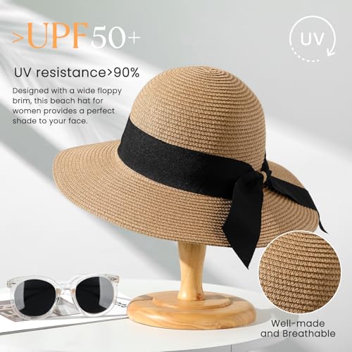 Beach Sun Straw Hats for Women, UPF 50+ UV Sun Protection Wide Brim Summer Straw Hat Foldable Packable Roll up Cap - color: C Khaki