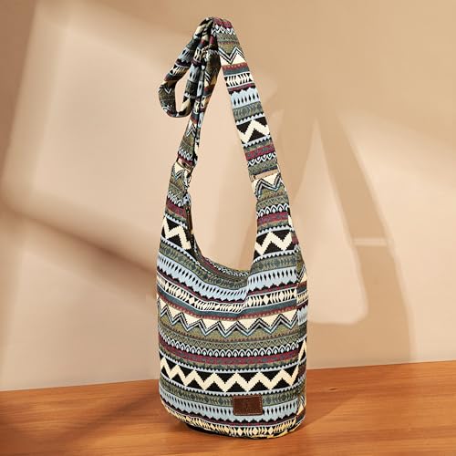 Coton Pose Women Hippie Crossbody Bag - Top Zip Large Capacity Canvas Sling Bag - Jacquard Cloth Handmade - color: Boho Green