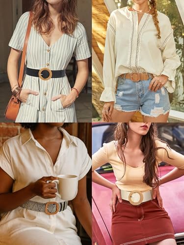 2/4 Pack Straw Woven Elastic Stretchy Waist Belts for Women, Fashion Boho Waist Belt Rattan Raffia Ladies Belts - color: Bohemian Color, size: X-Large