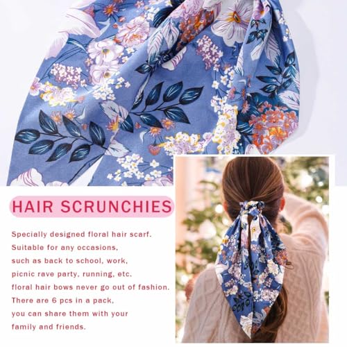 Boho Hair Scarf Scrunchies for Women Bow Hair Ties Floral Hair Scrunchies Silk Elastic Ponytail Holder Hair Accessories for Girls 4 pcs (Floral-2) - color: Floral-2