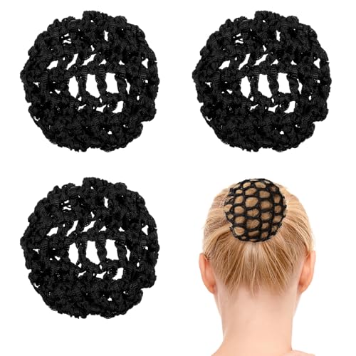 3 PCS Hair Nets for Buns, Elastic Invisible Women Hair Nets Handmade Crochet Scrunchies Bun Holders for Women Skating Ballet and Dance Accessories, Black