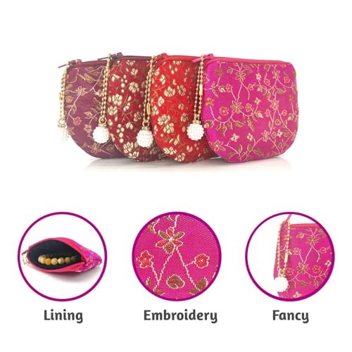 Handmade Women Coin Purse Rosary Pouch Silk Jewelry Bag Brocade Zipper Wallet - Magenta - color: Magenta