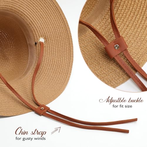 Womens Beach Sun Straw Hat, Wide Brim Sun Hat Travel Foldable Summer Wind Lanyard UPF 50+ - color: Khaki
