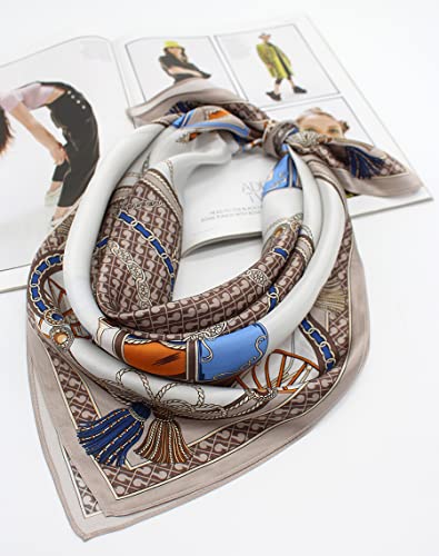 ANDANTINO 100% Mulberry Silk Square Scarf for Hair-25.6" X25.6'' Women Men Natural Silk Neckerchief Digital Printed Headscarf - color: Carriage-tan