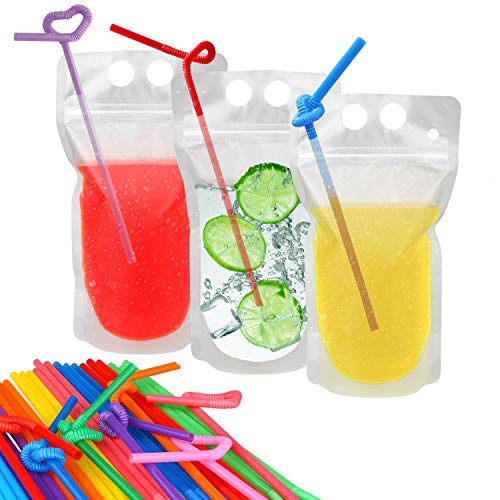 100 Pcs Drink Pouches with 100 Straw Holes, Freezable Juice Pouches, Translucent Reclosable Zipper Plastic Pouche Drink Bags for Cold & Hot Drinks for Adults and Kids - color: 100pcs Drink Pouches